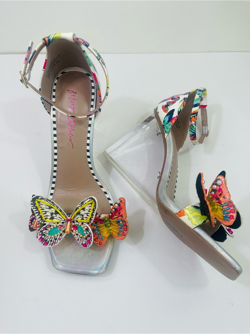 Betsey Johnson White Multicolor Butterfly Embellished Wedge Sandals - Picture 9 of 14